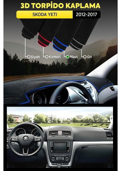 Skoda Yetı (2012-2017) 3D Torpido Koruma Kılıfı - Ön Göğüs Kaplama - Mavi Şerit