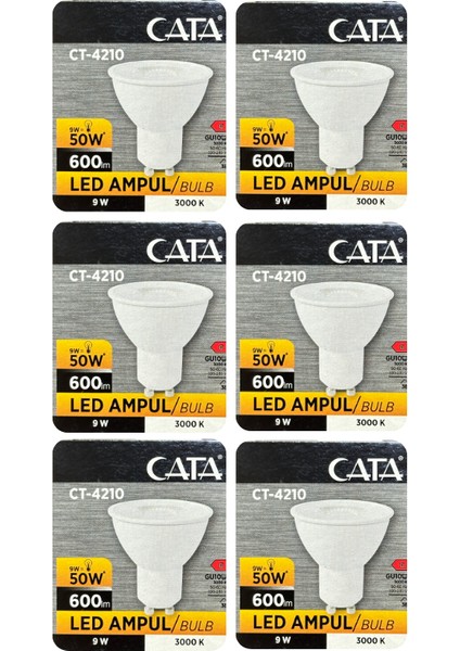 (6 adet) Cata 9W (50W) Sarı Işık (3000K) Dim Edilebilir GU10 DUYLU LED Spot Ampul