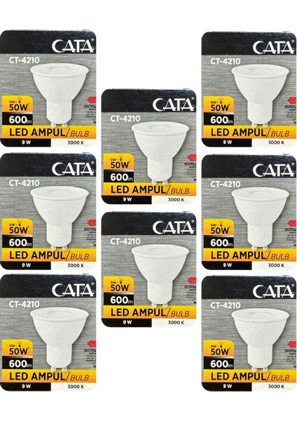 (8 adet) Cata 9W (50W) Sarı Işık (3000K) Dim Edilebilir GU10 DUYLU LED Spot Ampul