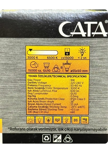 (8 adet) Cata 9W (50W) Sarı Işık (3000K) Dim Edilebilir GU10 DUYLU LED Spot Ampul