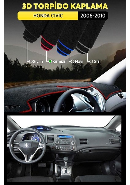 Honda Cıvıc (2006-2010) 3D Torpido Koruma Kılıfı - Ön Göğüs Panel Kaplama - Kırmızı Şerit