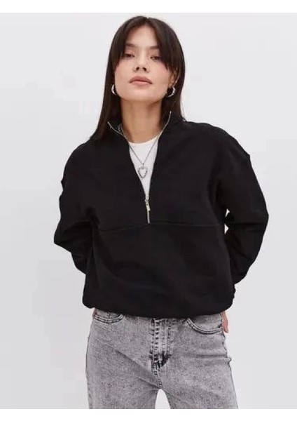 Oversize Yarım Farmuarlı Yakalı Basic Sweatshirt - Siyah