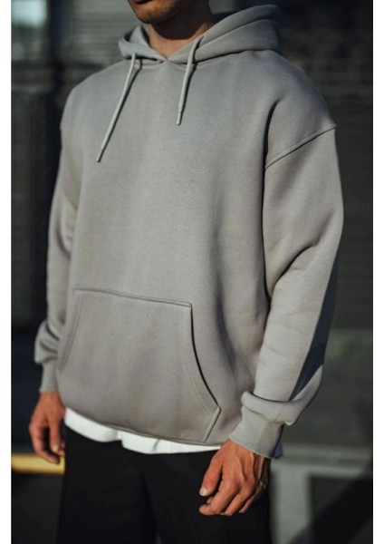 Üç Iplik Penye Kapşonlu Basic Sweatshirt - Boyalı Gri