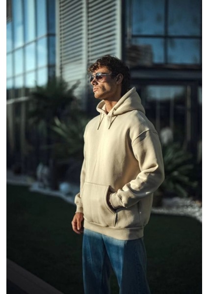 Üç Iplik Penye Kapşonlu Basic Sweatshirt - Bej