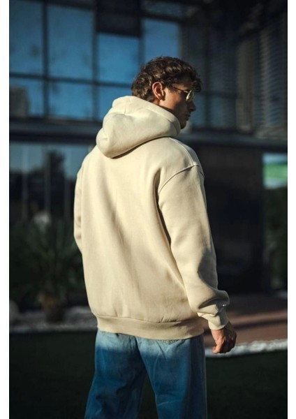 Üç Iplik Penye Kapşonlu Basic Sweatshirt - Bej