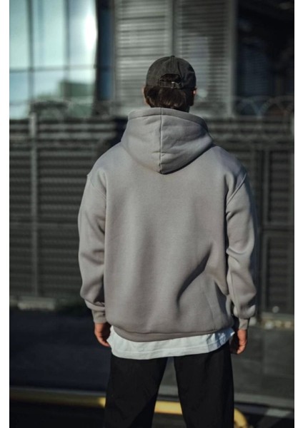 Üç Iplik Penye Kapşonlu Basic Sweatshirt - Boyalı Gri