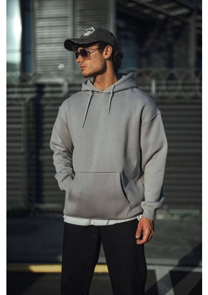 Üç Iplik Penye Kapşonlu Basic Sweatshirt - Boyalı Gri