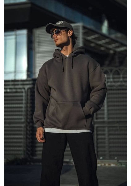Üç Iplik Penye Kapşonlu Basic Sweatshirt - Antrasit