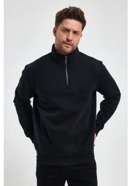 Oversize Yarım Farmuarlı Yakalı Basic Sweatshirt - Siyah