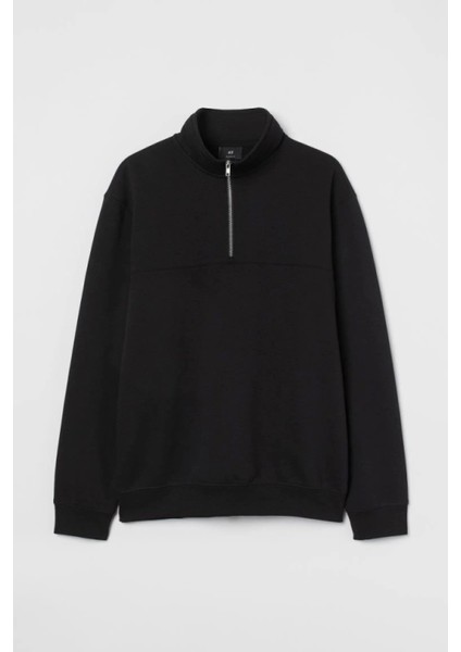 Oversize Yarım Farmuarlı Yakalı Basic Sweatshirt - Siyah