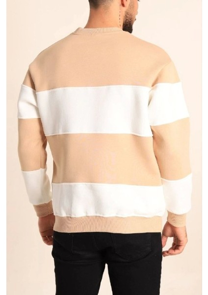 Parçalı Bisiklet Yaka Baskılı Sweatshirt - Bej