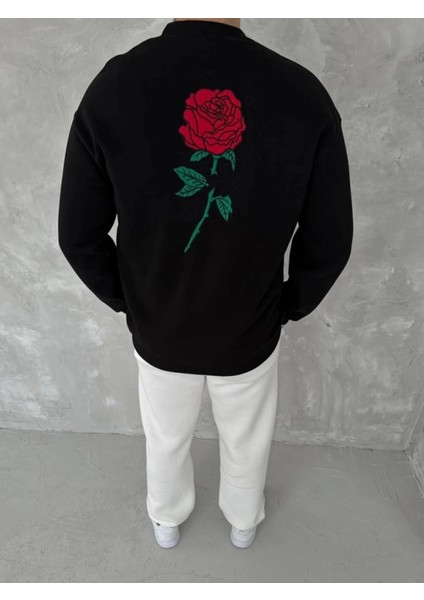 Unisex Bisiklet Yaka Ön ve Arka Baskılı Sweatshirt - Siyah