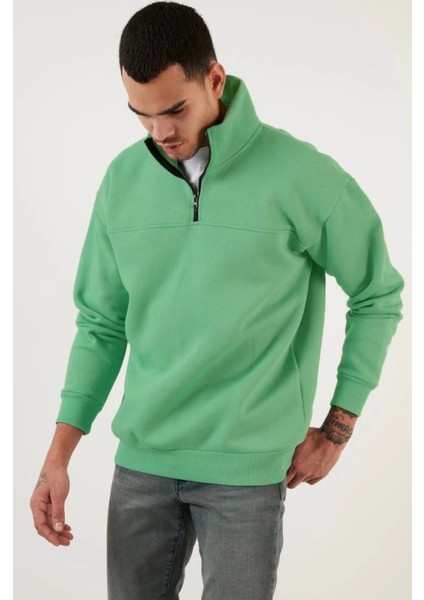 Oversize Yarım Farmuarlı Yakalı Basic Sweatshirt - Yeşil