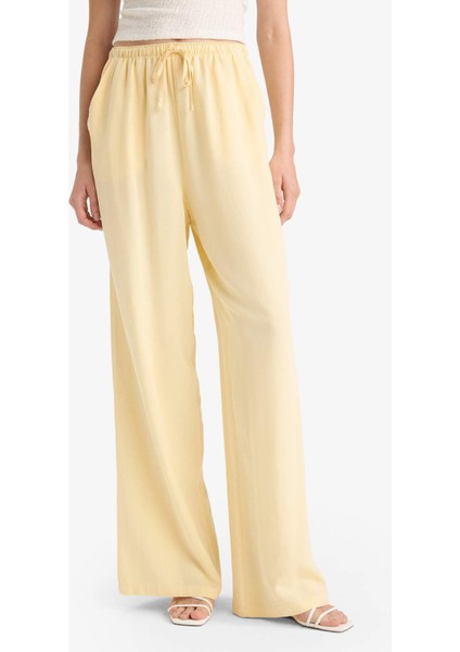 Keten Karışımlı Palazzo Pantolon Wide Leg Geniş Bol Paça Üç Cepli Normal Bel Basic Düz Standart Boy C4545AX25SP