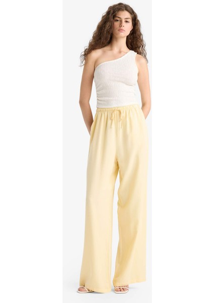 Keten Karışımlı Palazzo Pantolon Wide Leg Geniş Bol Paça Üç Cepli Normal Bel Basic Düz Standart Boy C4545AX25SP modelleri