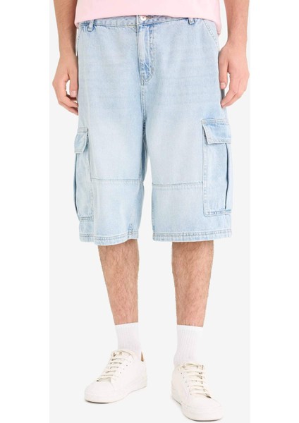 %100 Pamuk Kargo Fit Jean Bermuda Şort F4219AX25SM