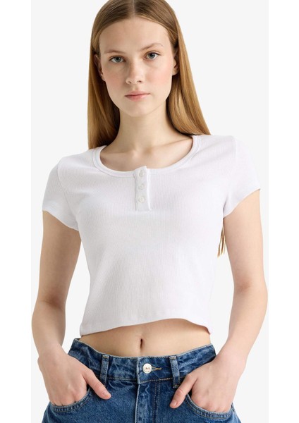 Coool Fitted Yuvarlak Yaka Fitilli Kaşkorse Kısa Kollu Beyaz Tişört F5185AX25SM