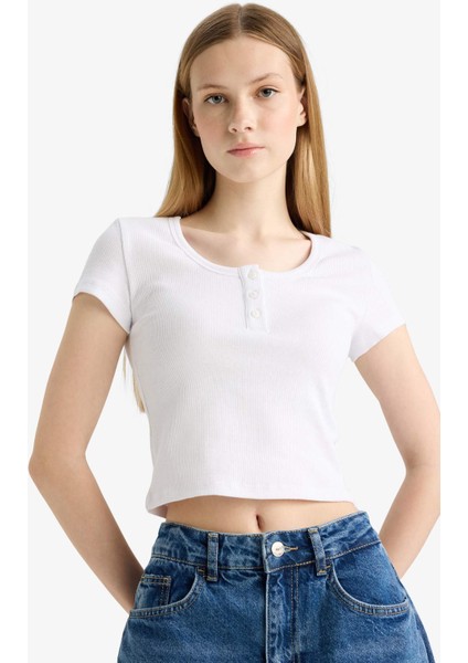 Coool Fitted Yuvarlak Yaka Fitilli Kaşkorse Kısa Kollu Beyaz Tişört F5185AX25SM modelleri