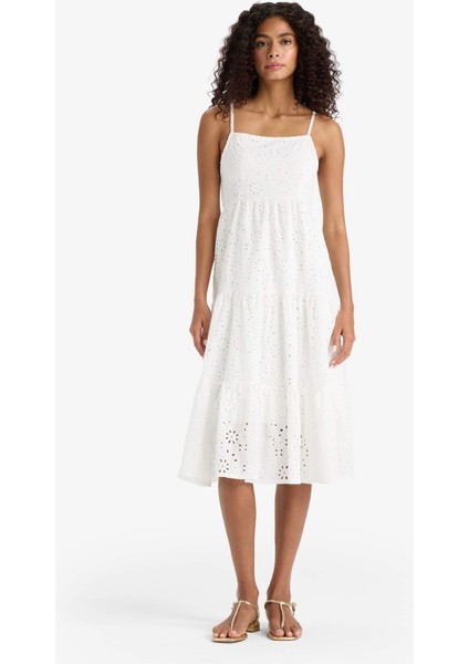 Kare Yaka Terry Cotton Beyaz Askılı Midi Elbise F9270AX25SM