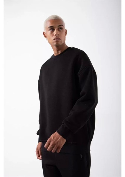 Unisex Biskilet Yaka Üç Iplik Sweatshirt - Siyah