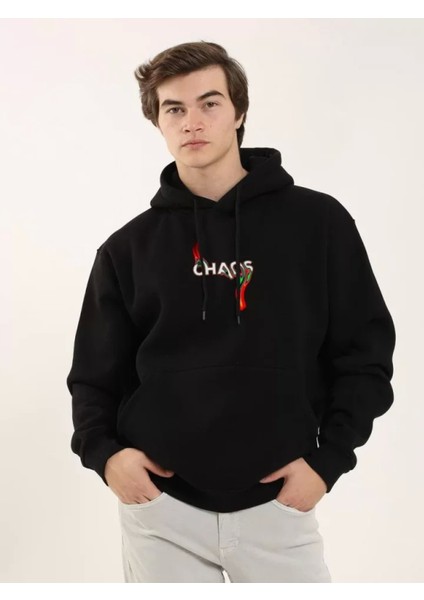 Unisex Baskılı Oversize Üç Iplik Kapüşonlu Sweatshirt - Siyah