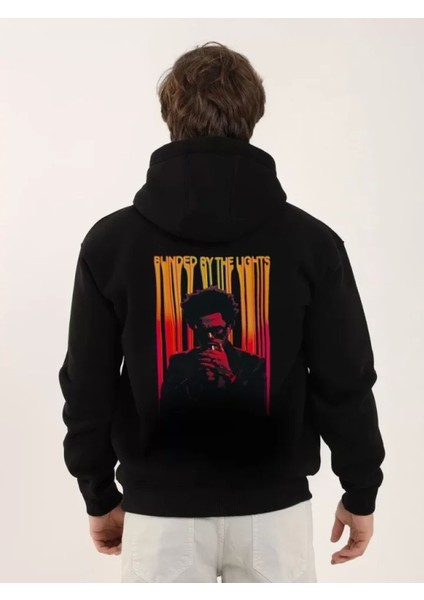 Unisex Baskılı Oversize Üç Iplik Kapüşonlu Sweatshirt - Siyah