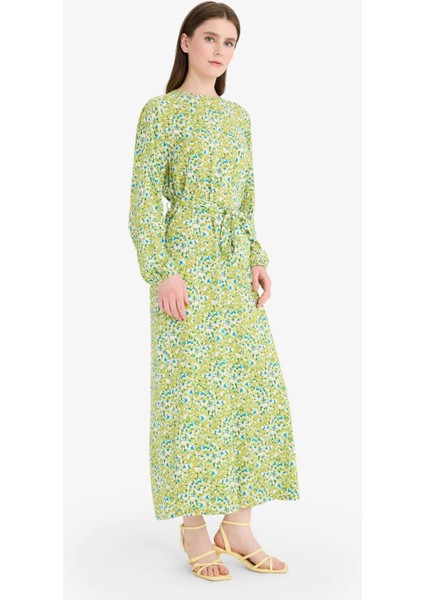 Regular Fit Bisiklet Yaka Çiçek Desenli Kuşaklı Uzun Kollu Maxi Elbise D9835AX25SM fiyatları