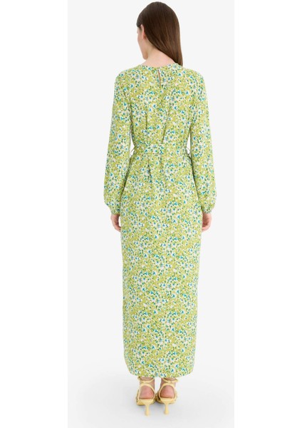 Regular Fit Bisiklet Yaka Çiçek Desenli Kuşaklı Uzun Kollu Maxi Elbise D9835AX25SM indirimleri
