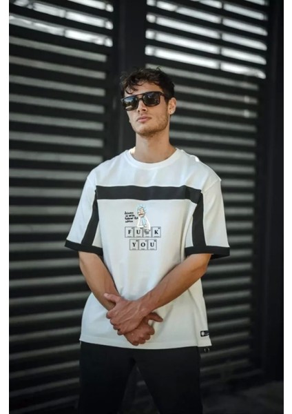 Unisex Iki Yandan Fermuarlı Parçalı Baskılı Oversize T-Shirt - Beyaz