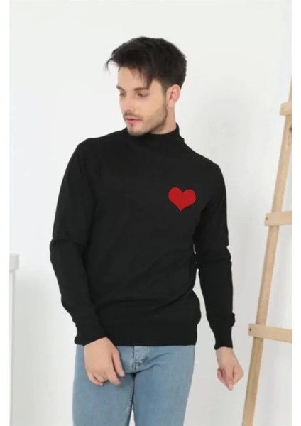Unisex Yarım Boğazlı Baskılı Dokuma Triko - Siyah modelleri