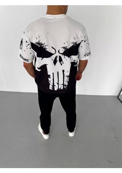 Unisex Bisiklet Yaka Baskılı Oversize T-Shirt - Beyaz fiyatları