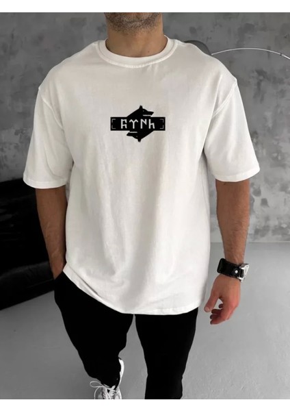 Unisex Bisiklet Yaka Baskılı Double Oversize T-Shirt - Beyaz
