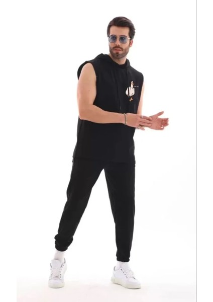 Unisex Kapşonlu Kolsuz Oversize Baskılı Tişört - Siyah