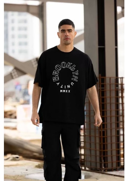 Unisex Bisiklet Yaka Baskılı Oversize T-Shirt - Siyah modelleri