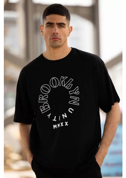 Unisex Bisiklet Yaka Baskılı Oversize T-Shirt - Siyah fiyatları