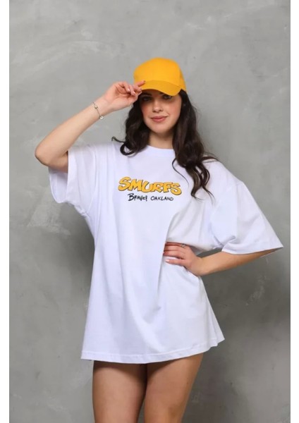 Unisex Bisiklet Yaka Baskılı Oversize T-Shirt - Beyaz fiyatları