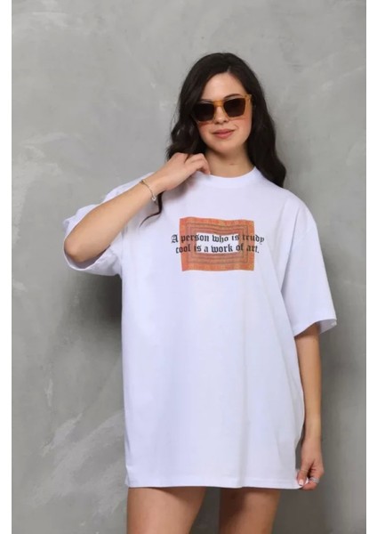 Unisex Bisiklet Yaka Baskılı Oversize T-Shirt - Beyaz
