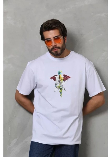 Unisex Bisiklet Yaka Baskılı Oversize T-Shirt - Beyaz