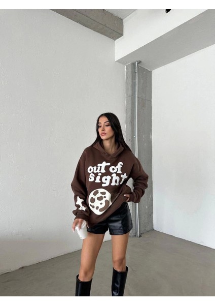 3 Iplik Şardonlu Oversize Compact Out Of Baskılı Sweat Kahve