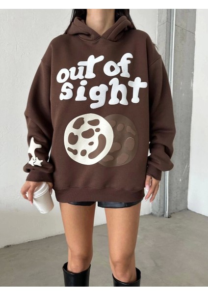 3 Iplik Şardonlu Oversize Compact Out Of Baskılı Sweat Kahve