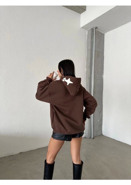 3 Iplik Şardonlu Oversize Compact Out Of Baskılı Sweat Kahve