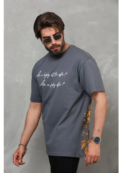 Unisex Bisiklet Yaka Baskılı Oversize T-Shirt - Füme modelleri