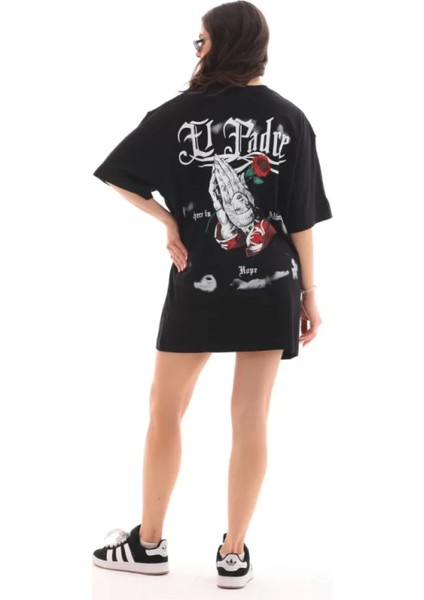 Unisex Bisiklet Yaka Baskılı Oversize T-Shirt - Siyah fiyatları