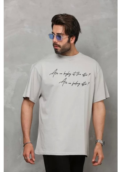 Unisex Bisiklet Yaka Baskılı Oversize T-Shirt - Gri fırsatları