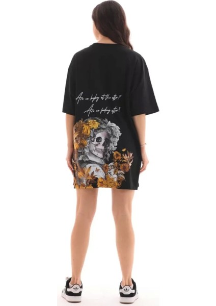 Unisex Bisiklet Yaka Baskılı Oversize T-Shirt - Siyah fırsatları