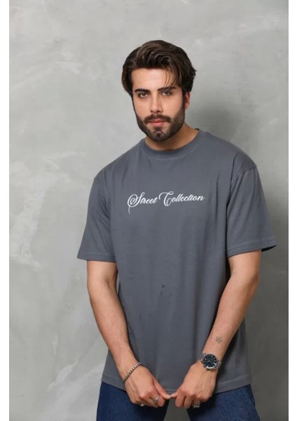 Unisex Bisiklet Yaka Baskılı Oversize T-Shirt - Füme fırsatları