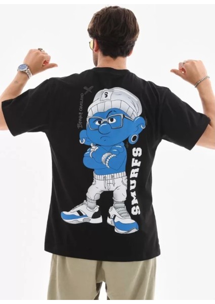 Unisex Bisiklet Yaka Baskılı Oversize T-Shirt - Siyah fiyatları