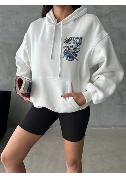 3 Iplik Şardonlu Oversize Compact Kafa Baskılı Sweat Beyaz