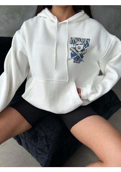 3 Iplik Şardonlu Oversize Compact Kafa Baskılı Sweat Beyaz