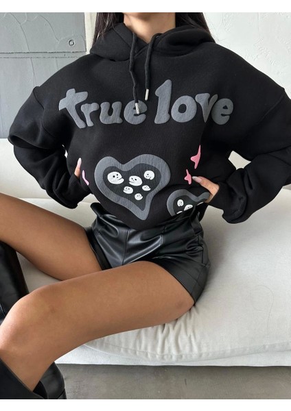 3 Iplik Şardonlu Oversize Compact True Baskılı Sweat Siyah